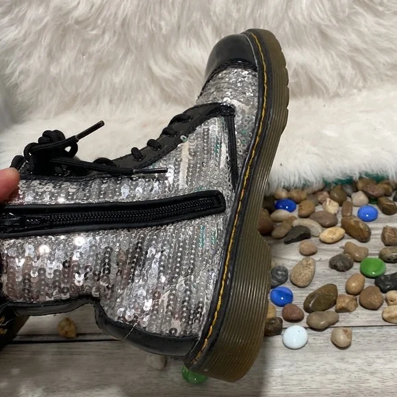 Dr. Martens Pooch Silver Sequins Combat Boots Side Zip - Picture 8 of 9
